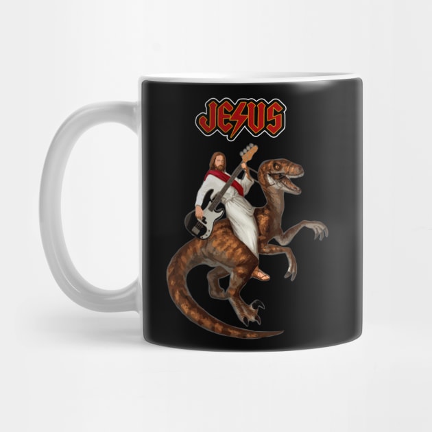 Jesus ridding a dinosaur with a guitar by VinagreShop